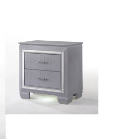 1pc Modern & Glam Style Two Drawers Nightstand Solid Wood Built-in Night Light Silver Crocodile Finish