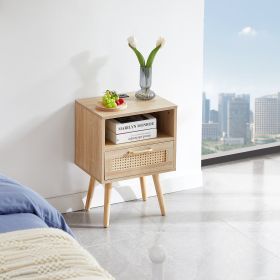 15.75" Rattan End table with Power Outlet & USB Ports , Modern nightstand with drawer and solid wood legs, side table for living room, bedroom