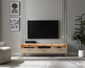 LED TV Stand LED Entertainment Center with Storage Modern LED Media Console Tables LED TV Cabinet for Living Room, Bedroom and Office Wood