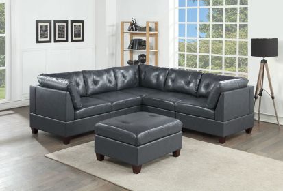 Contemporary Genuine Leather Black Tufted 6pc Modular Sectional Set 3x Corner Wedge 2x Armless Chair 1x Ottoman Living Room Furniture Sofa Couch