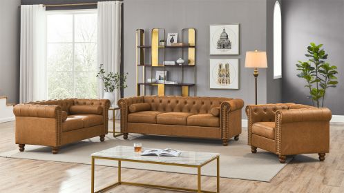 Classic Traditional Living Room Upholstered Sofa with high-tech Fabric Surface/ Chesterfield Tufted Fabric Sofa Couch, Large-Brown