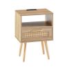 15.75" Rattan End table with Power Outlet & USB Ports , Modern nightstand with drawer and solid wood legs, side table for living room, bedroom