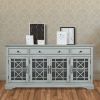 Koi 60 Inch Acacia Wood TV Media Entertainment Center Console, 4 Glass Doors, Crossed Wood Design, Dove Gray