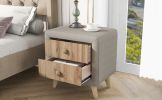 Upholstered Wooden Nightstand with 2 Drawers,Fully Assembled Except Legs and Handles,Bedside Table with Rubber Wood Leg-Beige