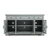 Koi 60 Inch Acacia Wood TV Media Entertainment Center Console, 4 Glass Doors, Crossed Wood Design, Dove Gray