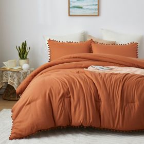 Boho Comforter Set, Boho Bedding set with Pom Poms Fringe Design, 1 Aesthetic Comforter and 2 Pillowshams (Color: Burnt Orange)